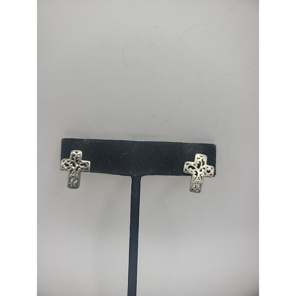 Vintage Earrings Pierced Post Stud Cross Cutout Silver Tone Jewelry Costume - Picture 5 of 12